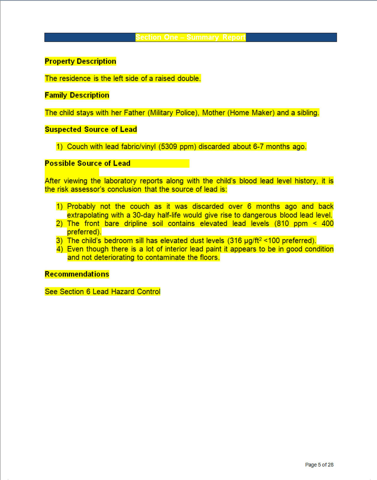 The Summary Report of a Louisiana Department of Health report regarding the Price family's home in Carville